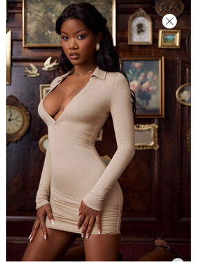 NEW Bodycon Long Sleeves Deep V-Neck Ruched Asymmetric Club Party Dress L